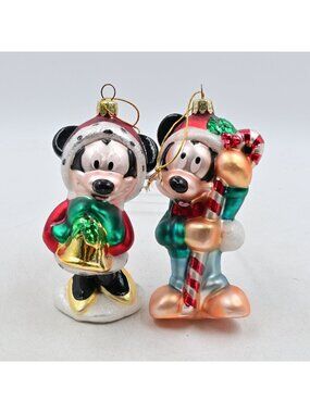 Disney Mickey & Minnie Christmas Glass Ornaments Set Holiday Figurines 2 Piece